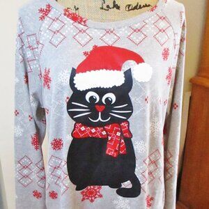 Girls Holiday/Christmas Black Cat Wearing Santa Hat Long Sleeve Top Size L/10-12
